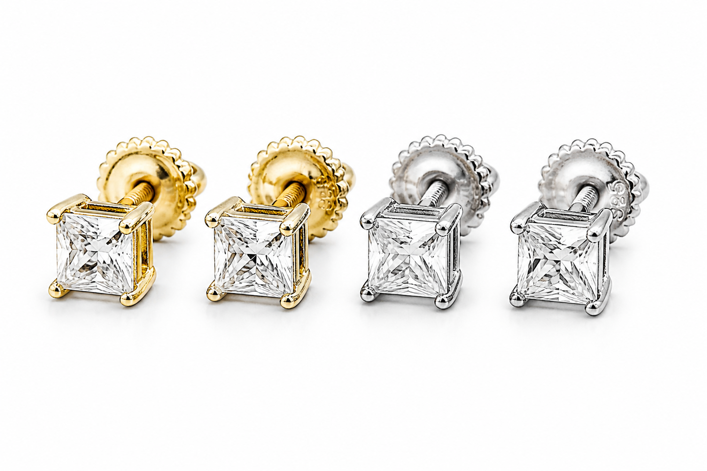 Moissanite Princess Cut Stud Earrings for Men Women — VVS D Color GRA Certified 925 Silver Screw Back