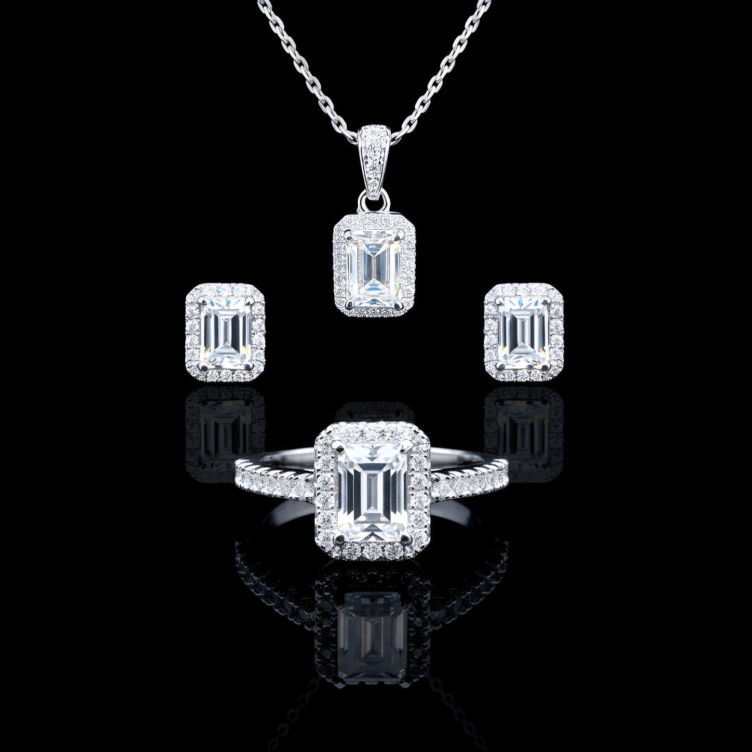 Emerald Cut Halo Style 4.00 carat Women's Moissanite Diamond VVS D Color 4-Piece S 925 Jewelry Set (Stud Earrings and Necklace and Ring)- PASS DIAMOND TESTER!!!