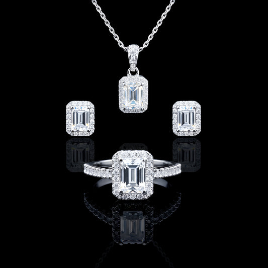Emerald Cut Halo Style 4.00 carat Women's Moissanite Diamond VVS D Color 4-Piece S 925 Jewelry Set (Stud Earrings and Necklace and Ring)- PASS DIAMOND TESTER!!!