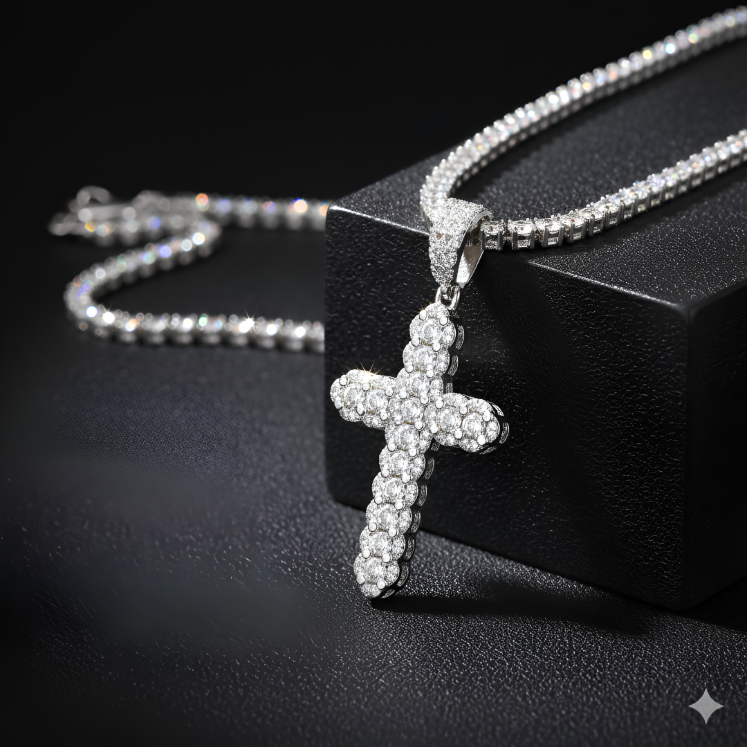 3D Curved style Iced Out Cross Pendant Moissanite Diamond VVS D Color |925 Silver | PASS DIAMOND TESTER!!!