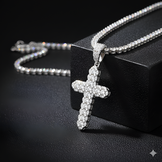 3D Curved style Iced Out Cross Pendant Moissanite Diamond VVS D Color |925 Silver | PASS DIAMOND TESTER!!!