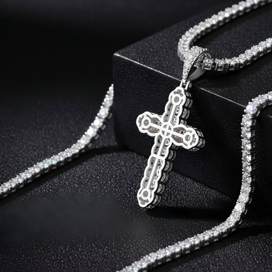 3D Curved style Iced Out Cross Pendant Moissanite Diamond VVS D Color |925 Silver | PASS DIAMOND TESTER!!!