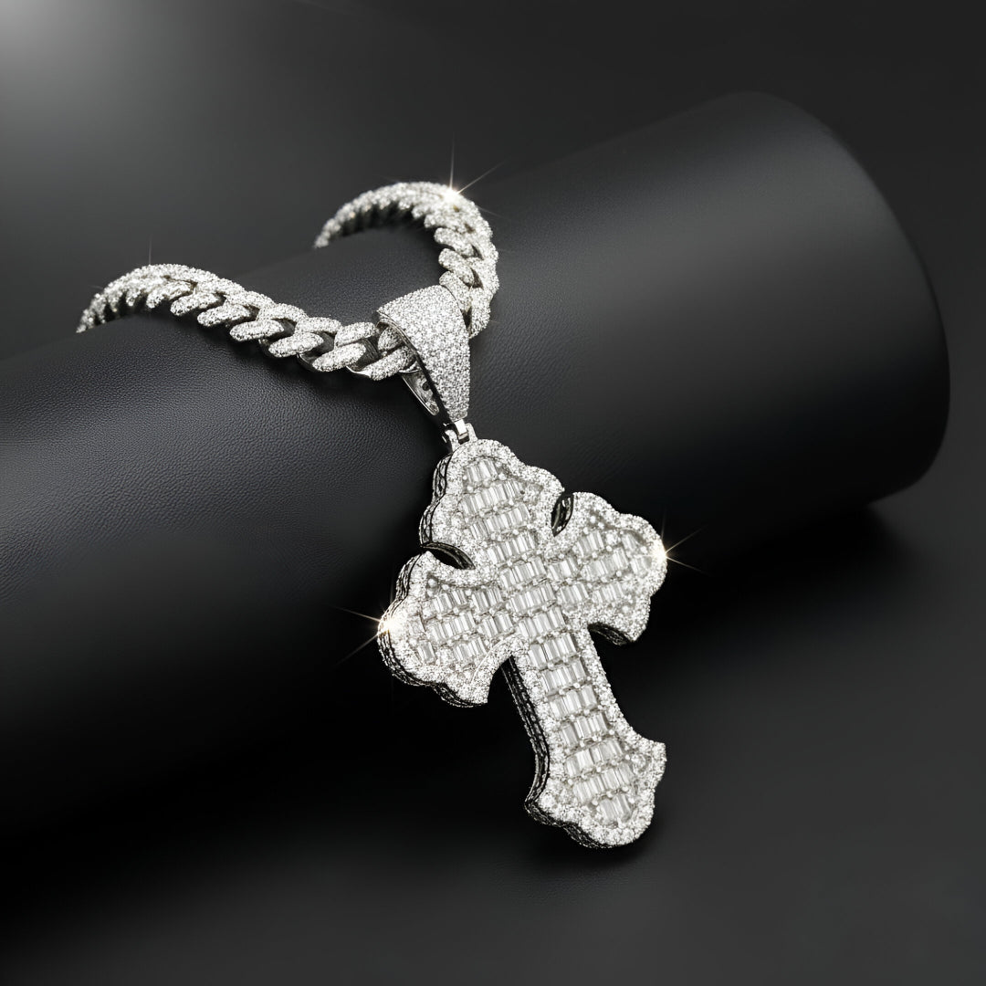 Baguette Gothic Tupac Cross Pendant | 925 Silver | VVS D Color Moissanite Diamond| PASS DIAMOND TESTER!!!