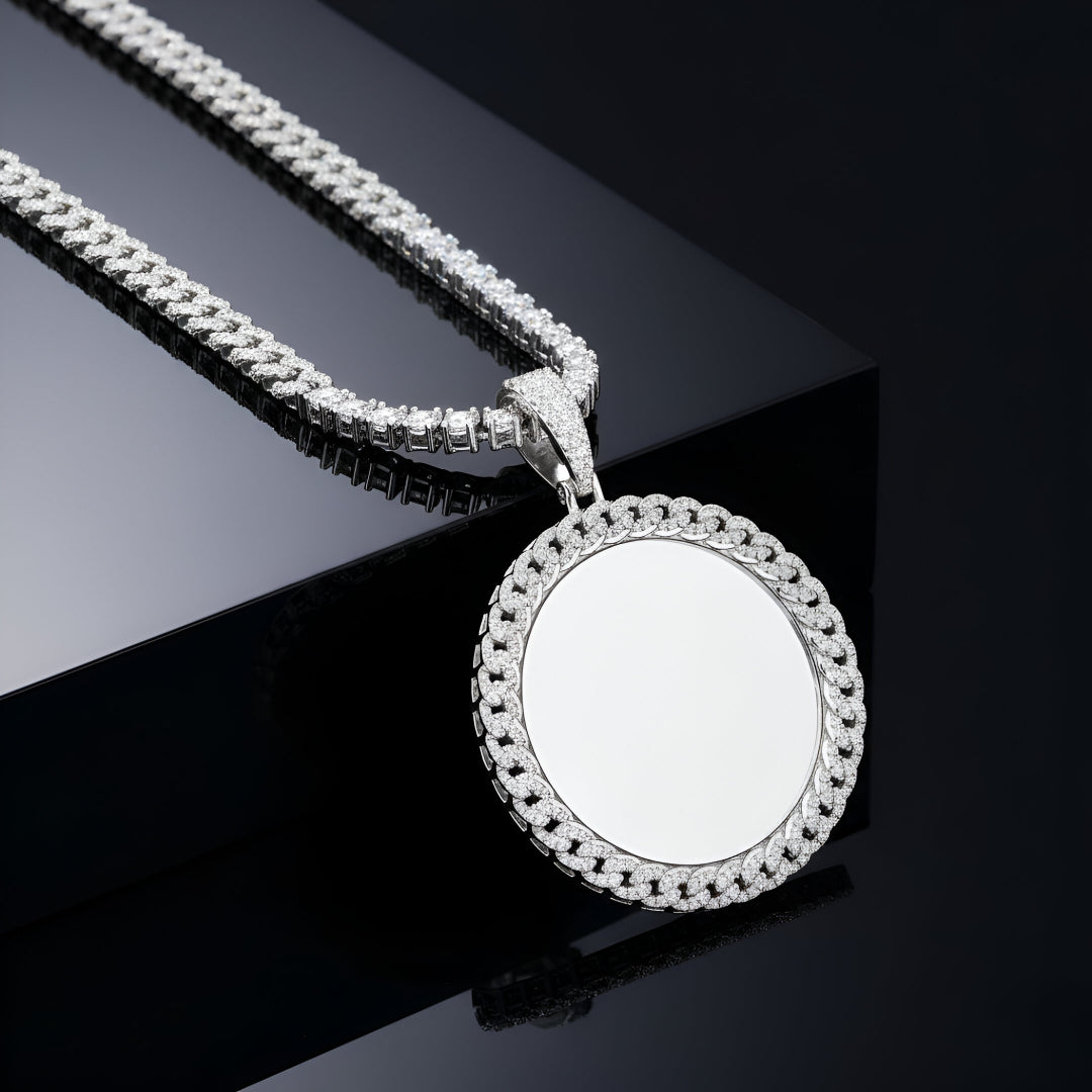 Custom Picture Pendant with Cuban Border style Moissanite Diamond VVS D Color | 14KT Gold Plated |925 Silver | PASS DIAMOND TESTER!!!