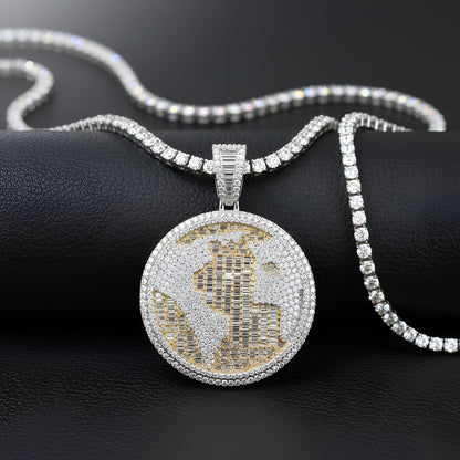 HIP HOP | ICED OUT World Charm with Baguette Stone | 3D Style | Moissanite VVS D Color | 14KT Gold Plated | 925 Silver | PASS DIAMOND TESTER!!!