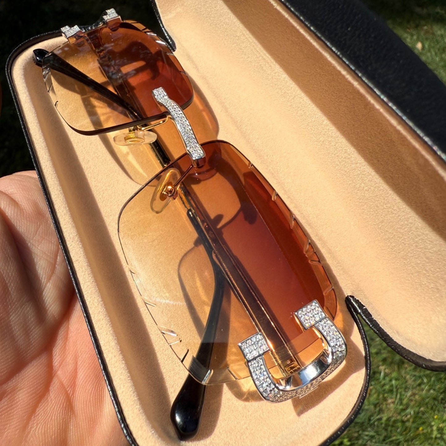 Real 925 Silver Big C VVS D MOISSANITE Light Brown Sunglasses - Iced Buffs Glasses