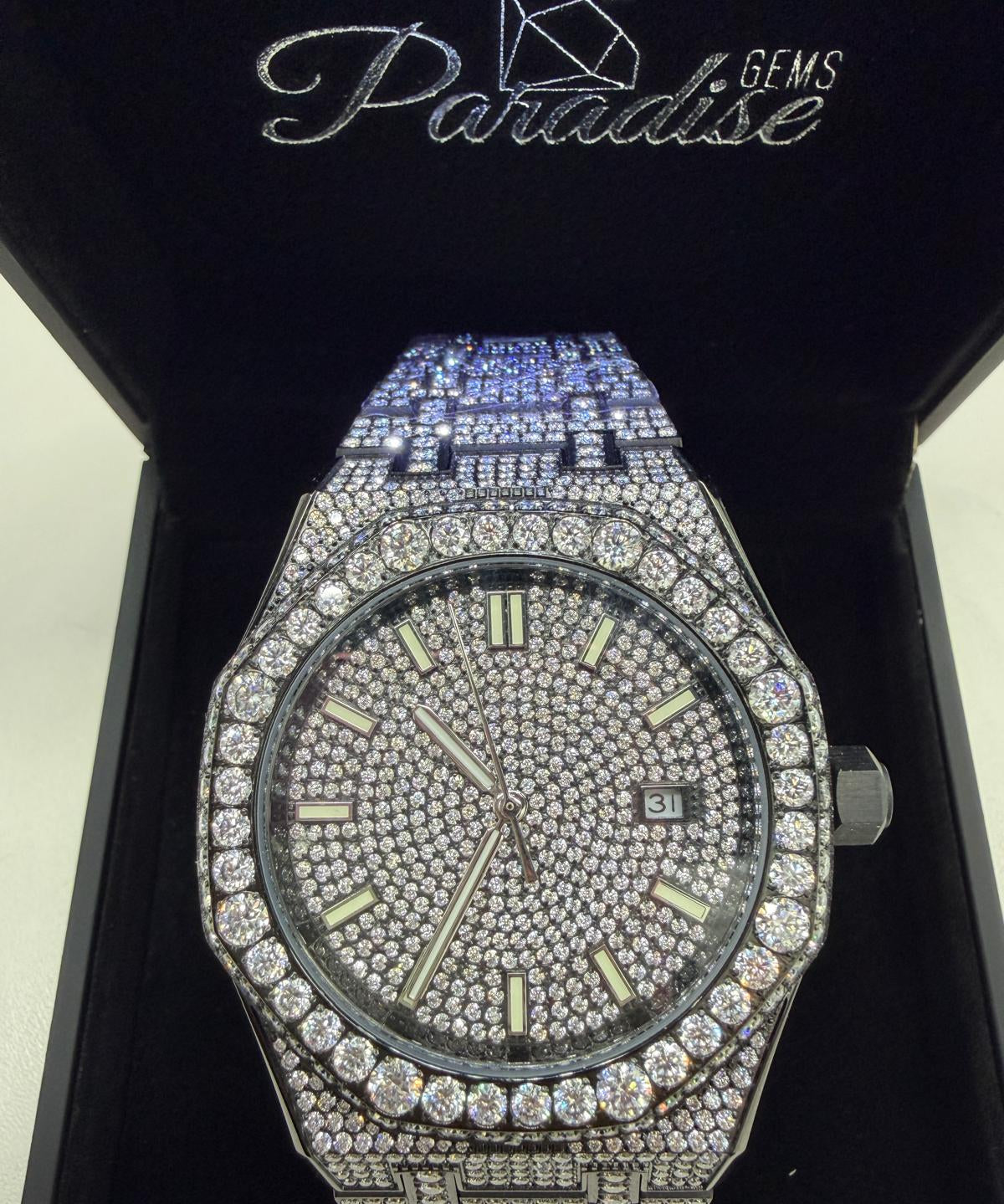 44MM iced out moissanite watch face with black accent stones VVS D color – Paradise Gems