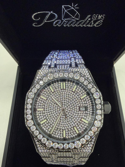 44MM iced out moissanite watch face with black accent stones VVS D color – Paradise Gems