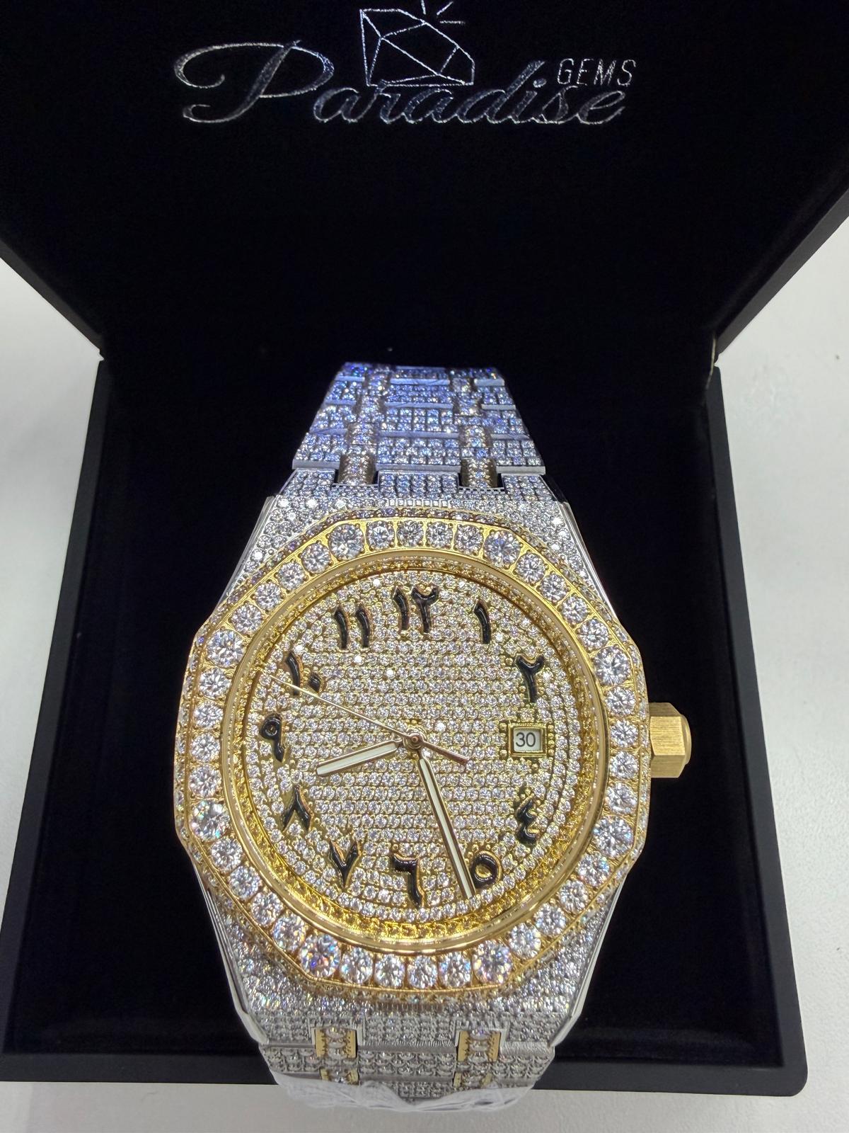 44MM two tone moissanite watch bezel gold silver fully iced VVS – Paradise Gems Atlanta