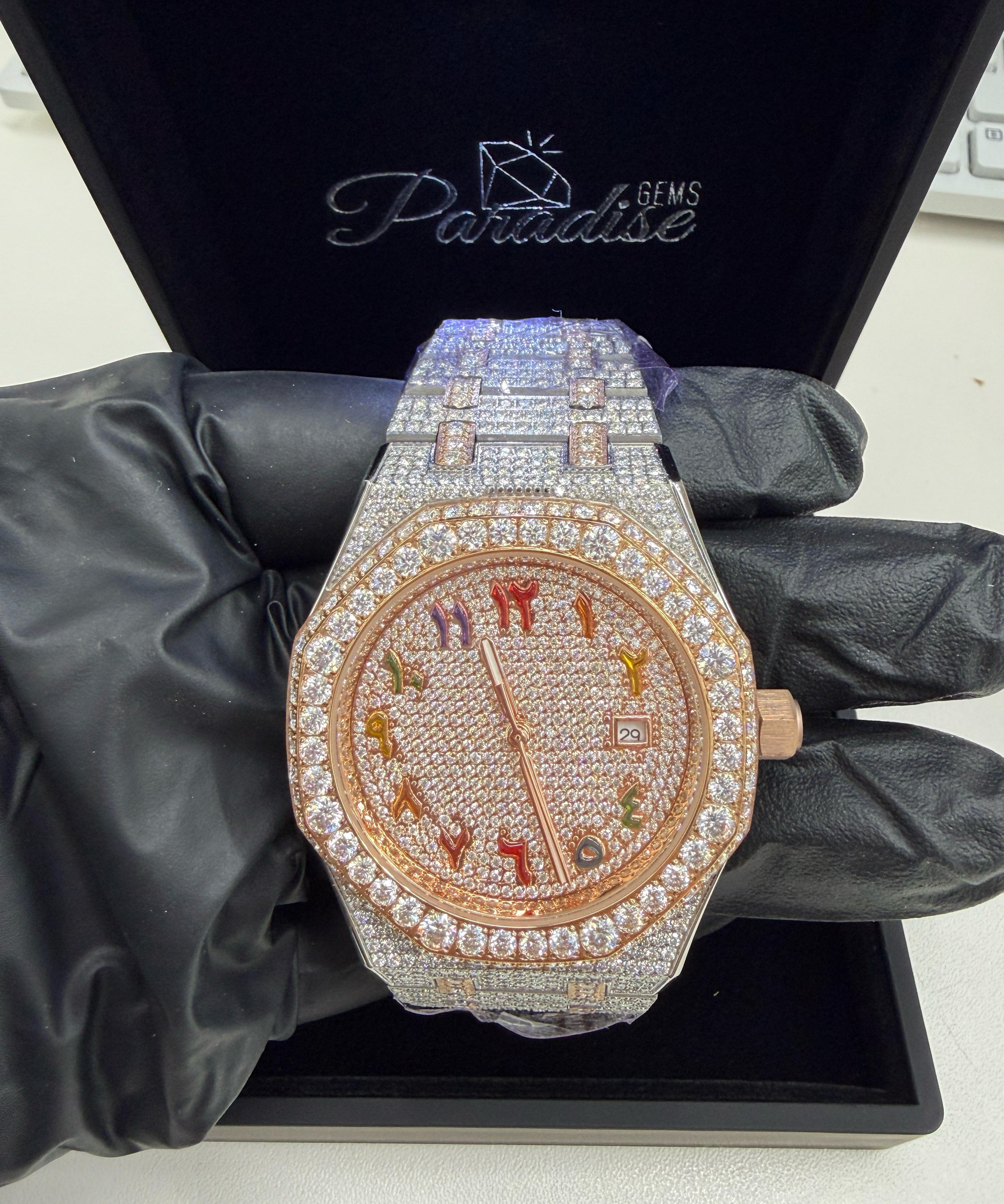 44MM two tone rose gold silver bust down moissanite watch VVS D color GRA certified – Paradise Gems Atlanta