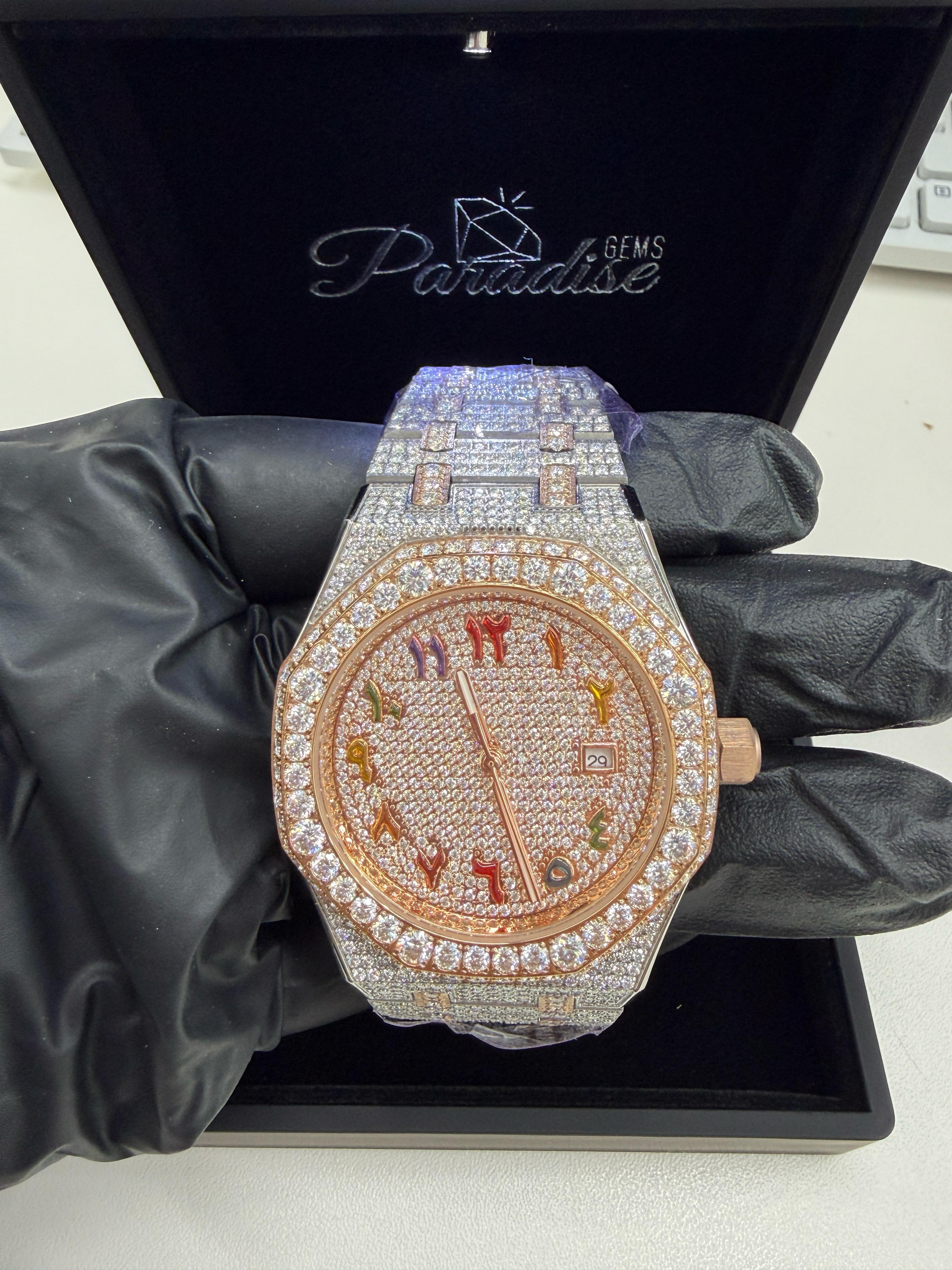 44MM two tone rose gold silver bust down moissanite watch VVS D color GRA certified – Paradise Gems Atlanta