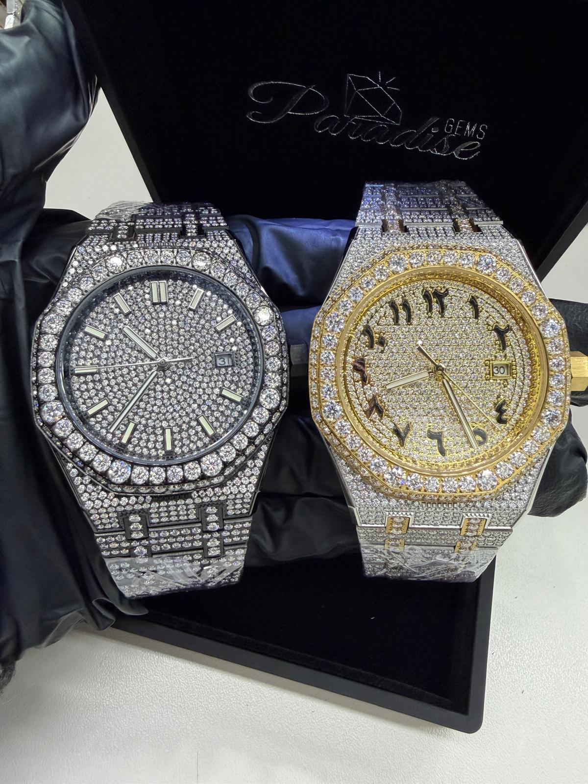Man wearing 44MM bust down moissanite watch black accents VVS iced out – Paradise Gems Atlanta