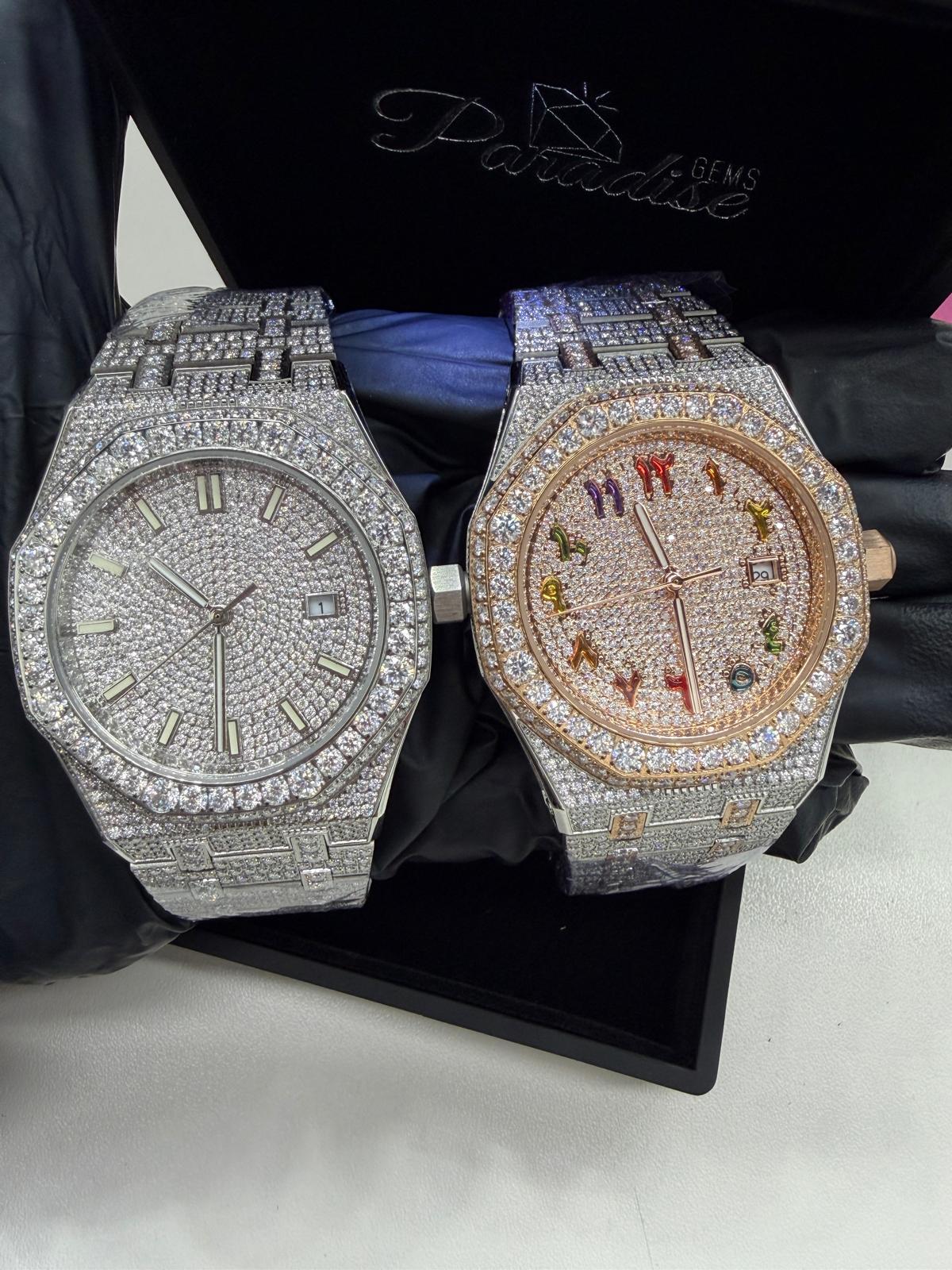 Silver 44MM moissanite watch passing diamond tester VVS D color – Paradise Gems