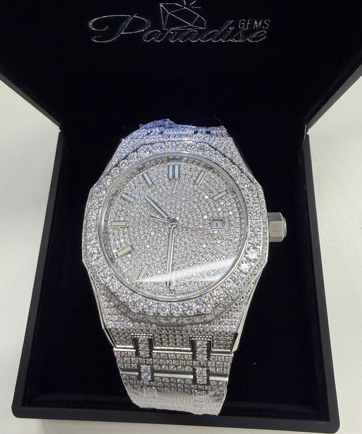 44MM silver bust down moissanite watch fully iced out VVS D color GRA certified – Paradise Gems Atlanta