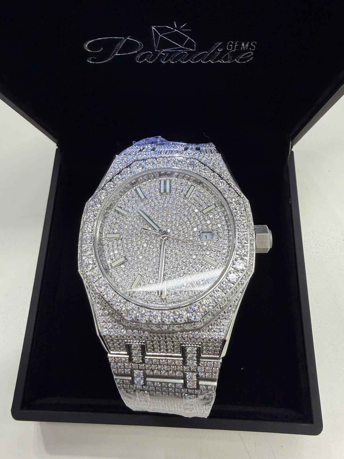 44MM silver bust down moissanite watch fully iced out VVS D color GRA certified – Paradise Gems Atlanta