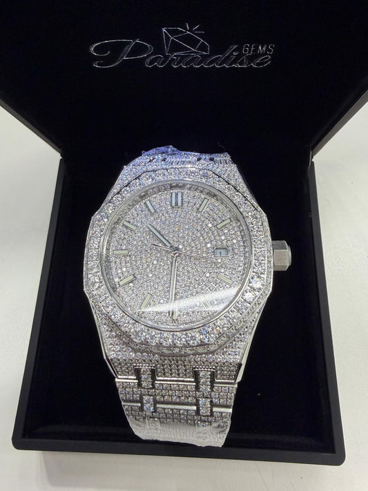 44MM Bust Down Moissanite Watch |ALL IN SILVER | ICED OUT