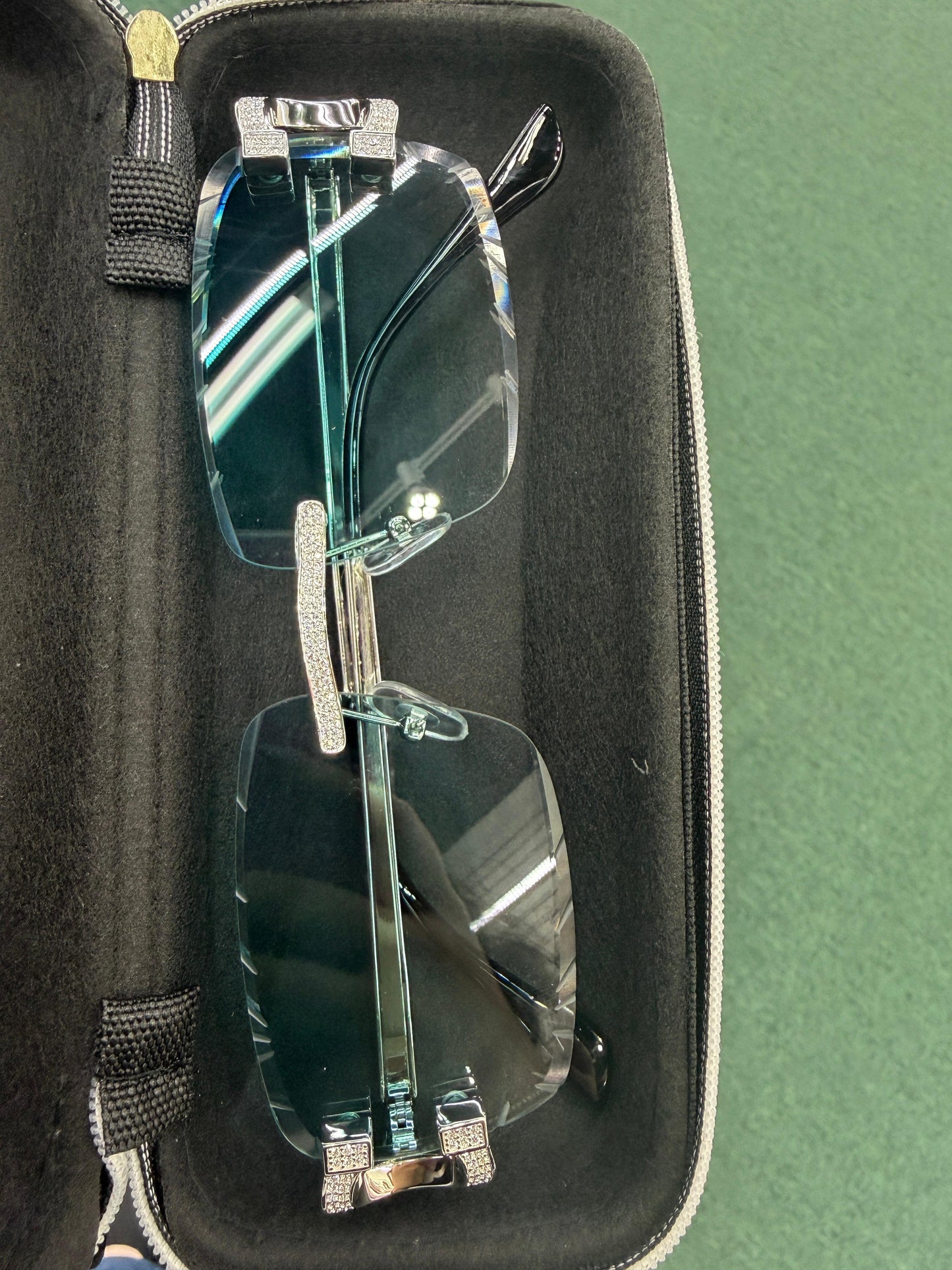 Moissanite Rimless Green Lens Sunglasses in 925 Sterling Silver