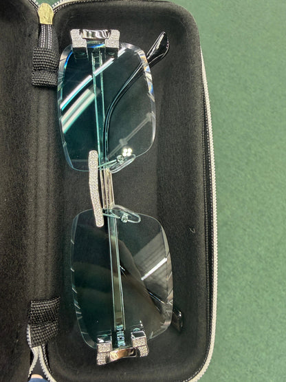 Moissanite Rimless Green Lens Sunglasses in 925 Sterling Silver