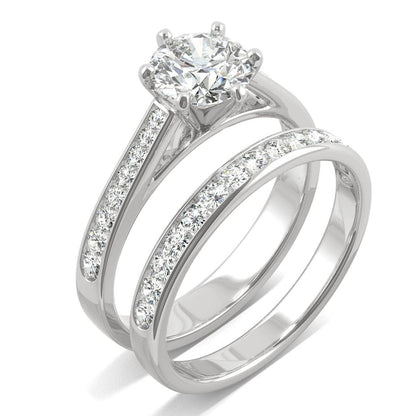 Elegant silver bridal ring set featuring a sparkling center stone and micro pavé diamonds along the bands, showcasing the Moissanite Micro Pavé Bridal Ring Set 2.5CT | GRA Certified.