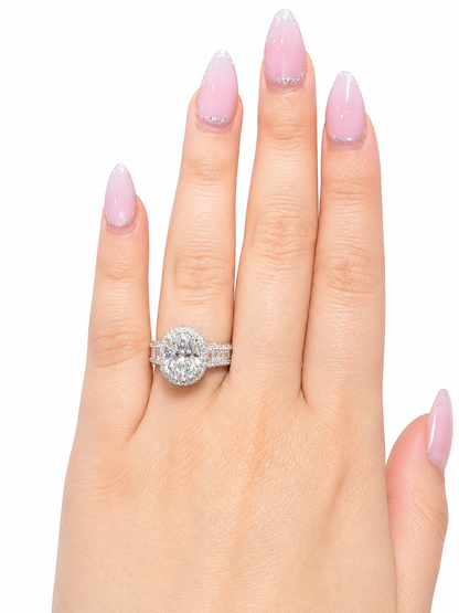 5 carat oval cut moissanite double halo engagement ring 925 sterling silver VVS D Color GRA certified passes diamond tester — Paradise Gems Atlanta