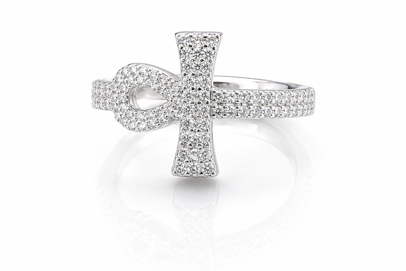 Moissanite Ankh Cross Ring 1.2CT Unisex | GRA Certified 925 Silver featuring a detailed loop cross design encrusted with sparkling stones on a polished silver band.