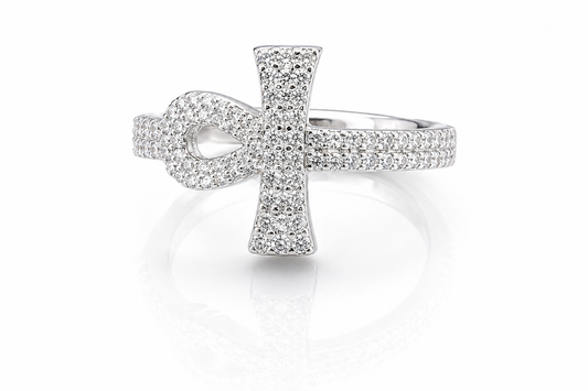 Moissanite Ankh Cross Ring 1.2CT Unisex | GRA Certified 925 Silver featuring a detailed loop cross design encrusted with sparkling stones on a polished silver band.