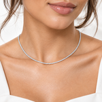 2mm moissanite tennis chain in 925 sterling silver worn on neck, VVS D color GRA certified