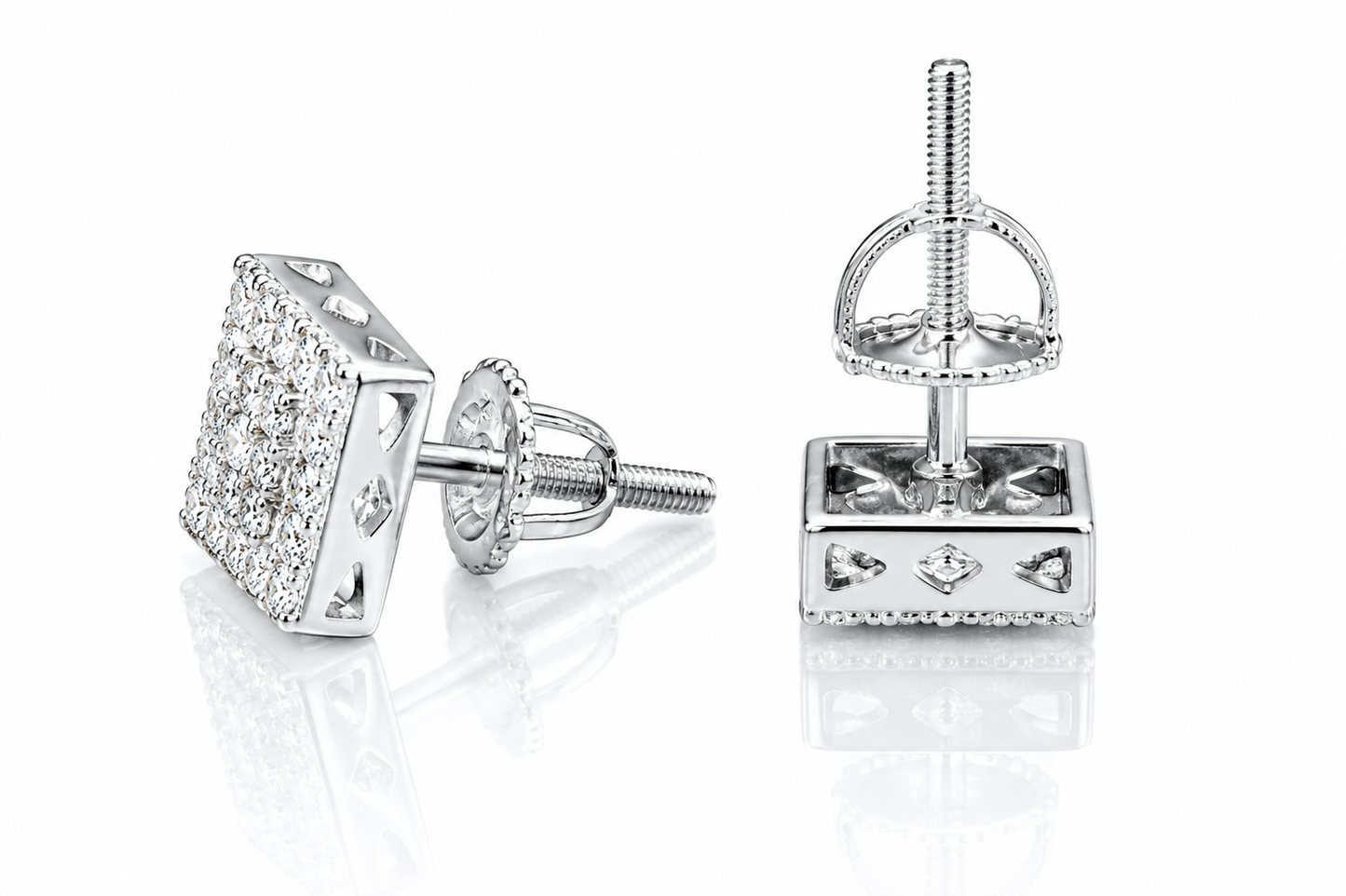 Moissanite Iced Out Square Stud Earrings 8MM Screw Back — VVS D Color GRA Certified 925 Silver