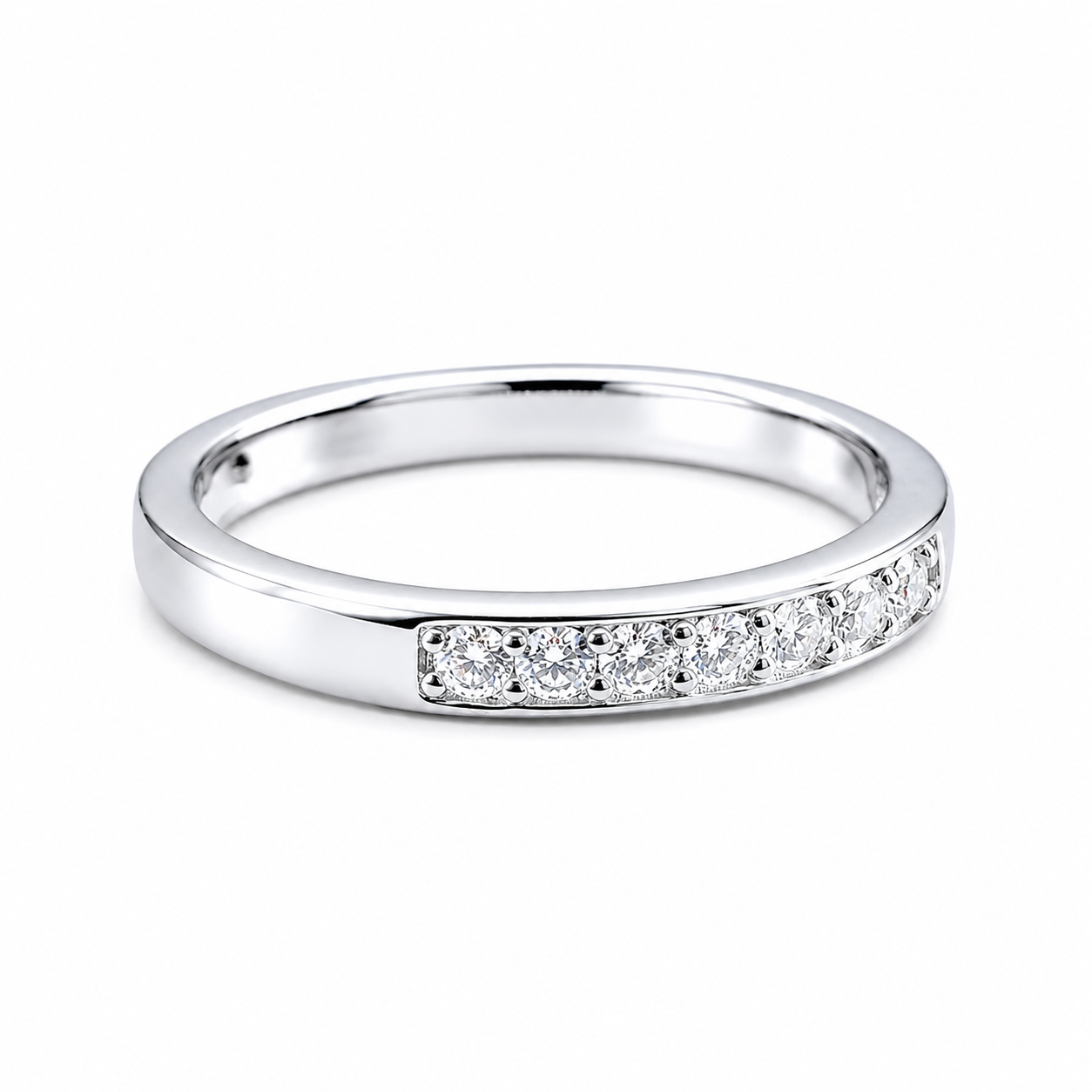 Round Moissanite Diamond Full Eternity Stackable Ring 1 Carat featuring a sleek silver band with a row of sparkling round moissanite diamonds, perfect for stacking or wearing alone.
