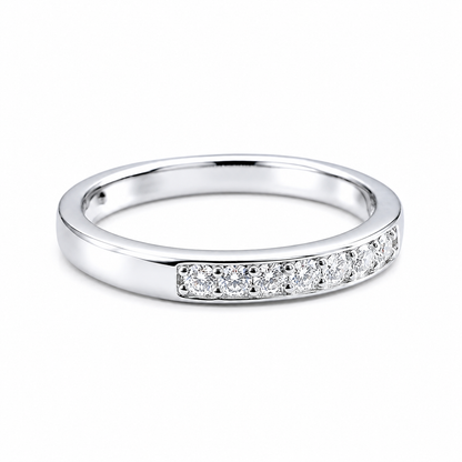 Round Moissanite Diamond Full Eternity Stackable Ring 1 Carat featuring a sleek silver band with a row of sparkling round moissanite diamonds, perfect for stacking or wearing alone.