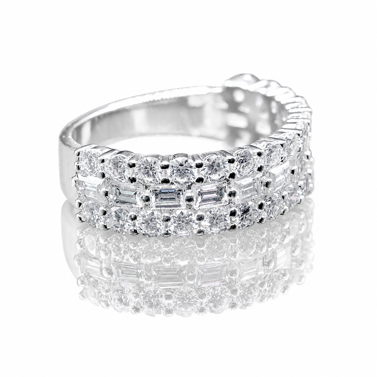 3-Row Moissanite Baguette Half Eternity Band | GRA Certified featuring sparkling round and baguette-cut stones set in polished metal, reflecting elegant luxury for women.