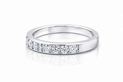 Moissanite Half Eternity Band – 1CT Round Cut VVS1 D Color | 925 Sterling Silver | GRA Certified Wedding Band for Women featuring a sleek design with sparkling round stones set in polished silver.