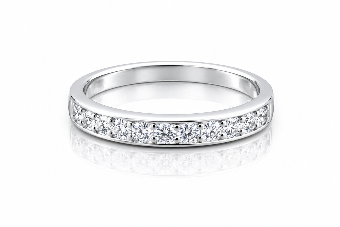 Moissanite Half Eternity Band – 1CT Round Cut VVS1 D Color | 925 Sterling Silver | GRA Certified Wedding Band for Women featuring sparkling round cut stones set in a polished silver band.