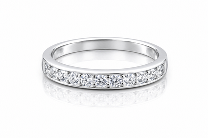 Moissanite Half Eternity Band – 1CT Round Cut VVS1 D Color | 925 Sterling Silver | GRA Certified Wedding Band for Women featuring sparkling round cut stones set in a polished silver band.