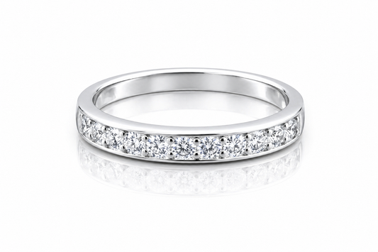 Moissanite Half Eternity Band – 1CT Round Cut VVS1 D Color | 925 Sterling Silver | GRA Certified Wedding Band for Women featuring sparkling round cut stones set in a polished silver band.