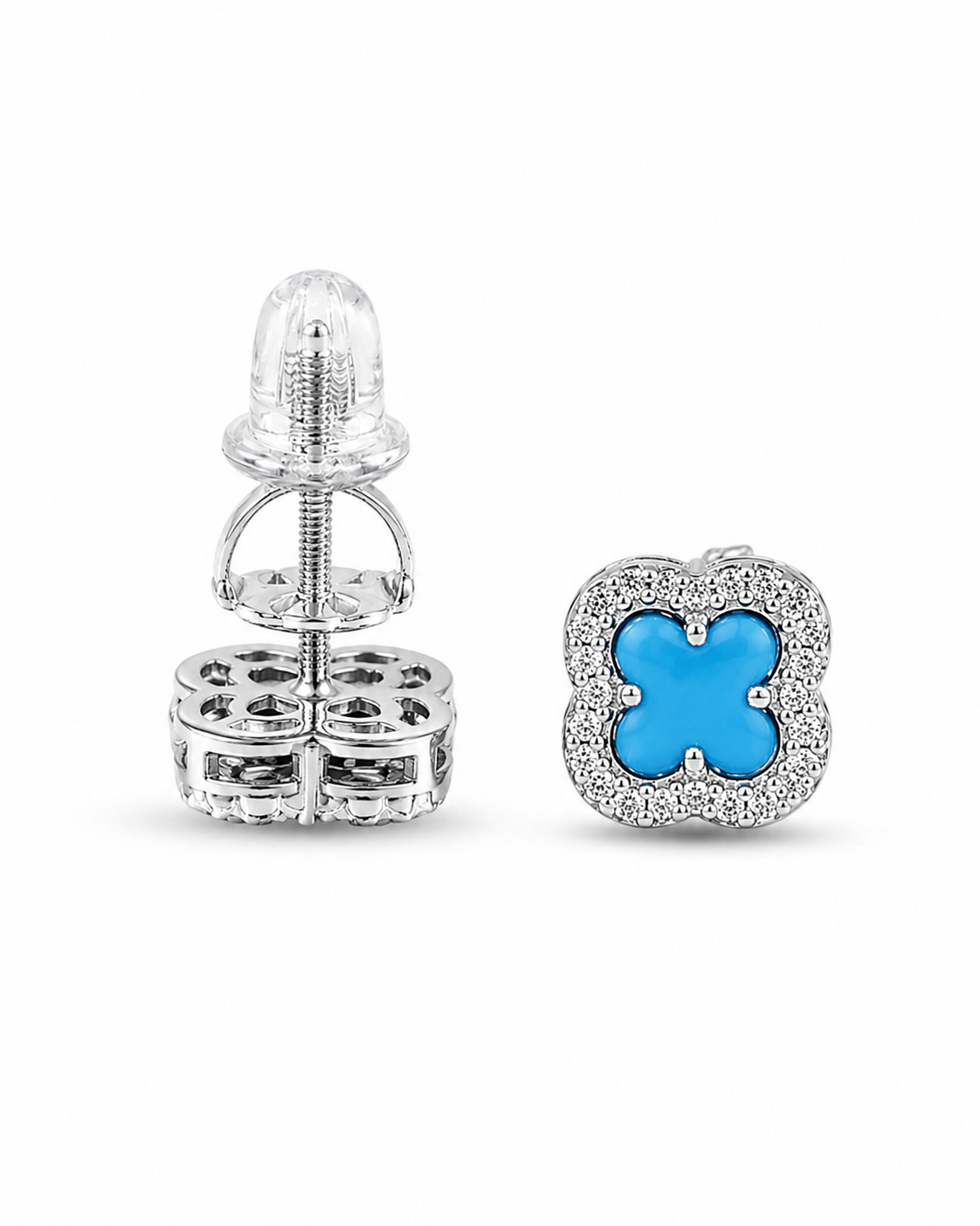 Blue moissanite clover stud earrings 1 carat 925 silver GRA certified
