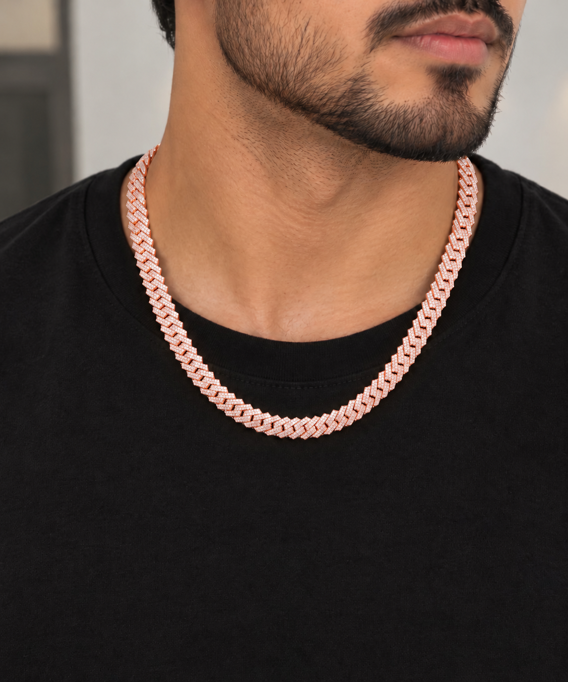 8mm moissanite Cuban link chain in rose gold plated 925 silver worn on neck, VVS D color GRA certified