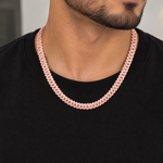 8mm moissanite Cuban link chain in rose gold plated 925 silver worn on neck, VVS D color GRA certified