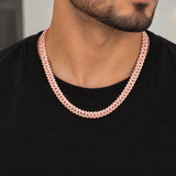 8mm moissanite Cuban link chain in rose gold plated 925 silver worn on neck, VVS D color GRA certified