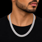 10mm moissanite Cuban link chain in 925 sterling silver worn on neck, VVS D color GRA certified