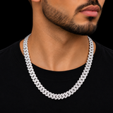 10mm moissanite Cuban link chain in 925 sterling silver worn on neck, VVS D color GRA certified