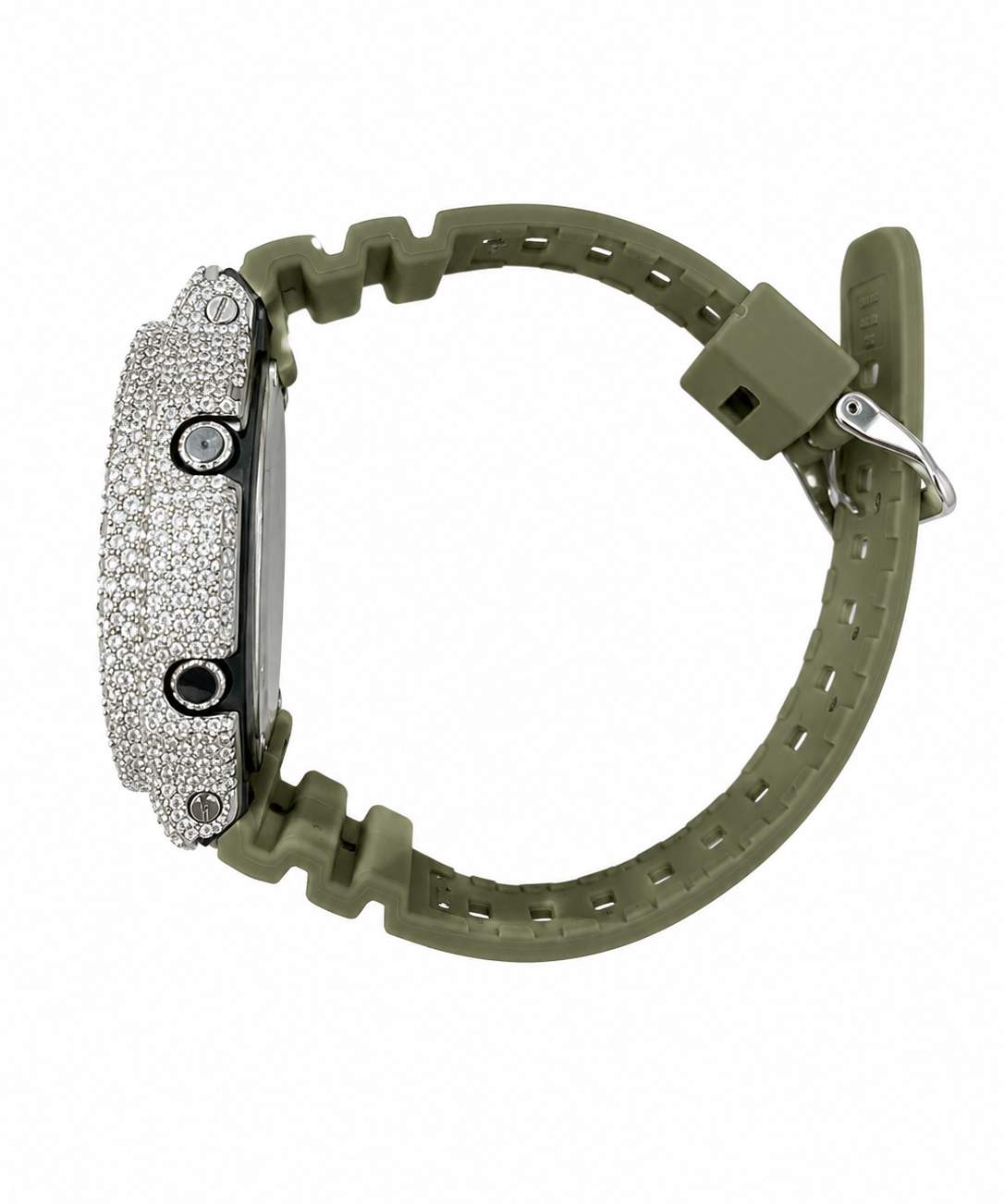 Iced Out Olive G-Shock Solar Moissanite Watch | 925 Silver or Brass Bezel