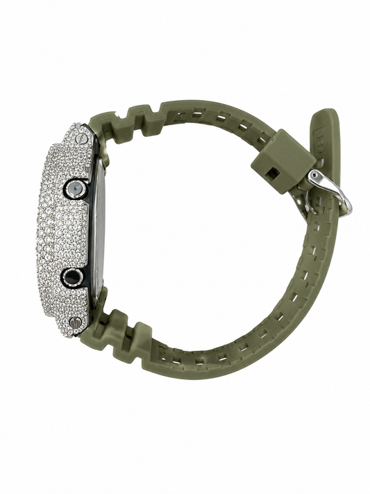 Iced Out Olive G-Shock Solar Moissanite Watch | 925 Silver or Brass Bezel