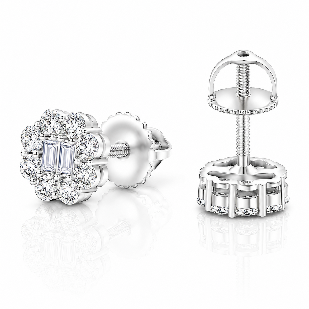 Moissanite Double Baguette Flower Halo Earrings 8MM — 14K Gold 925 Silver VVS D Color GRA Certified