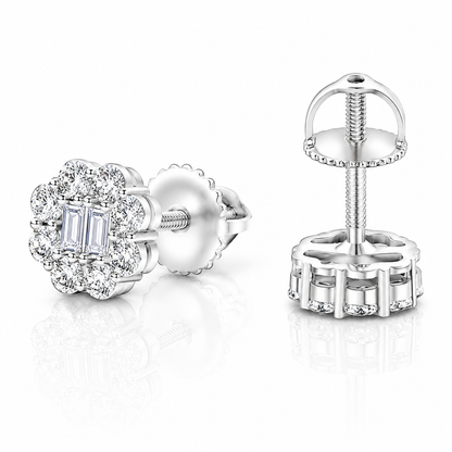 Moissanite Double Baguette Flower Halo Earrings 8MM — 14K Gold 925 Silver VVS D Color GRA Certified