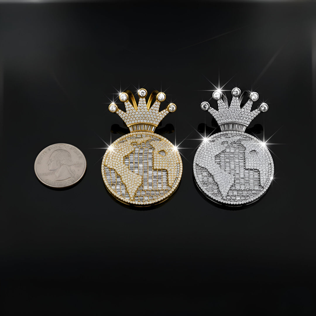 Globe World with Crown Bale Ice Out Moissanite Diamond VVS D Color |925 silver | PASS DIAMOND TESTER!!!