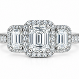 2CT Emerald Cut Moissanite Three Stone Halo Ring — 925 Sterling Silver