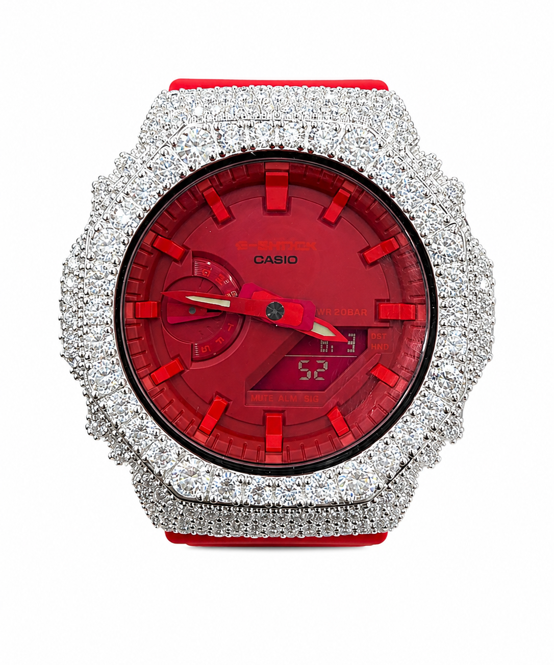 Iced out red G-Shock moissanite watch 925 sterling silver bezel 11 carat VVS D Color GRA certified red dial red strap Paradise Gems Atlanta