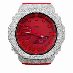 Iced out red G-Shock moissanite watch 925 sterling silver bezel 11 carat VVS D Color GRA certified red dial red strap Paradise Gems Atlanta