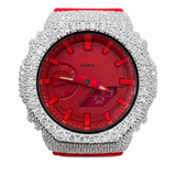 Iced out red G-Shock moissanite watch 925 sterling silver bezel 11 carat VVS D Color GRA certified red dial red strap Paradise Gems Atlanta